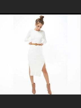 Forever 21 Cream Long-Sleeve Ribbed Midi Dress